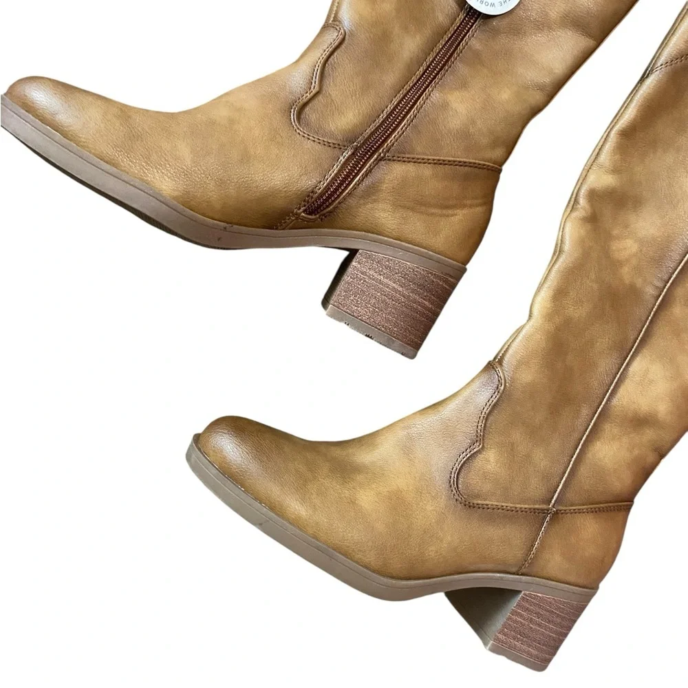 Baretraps Women's Brown Tan Cyra Faux Leather Block Heel Tall Boots Size 6